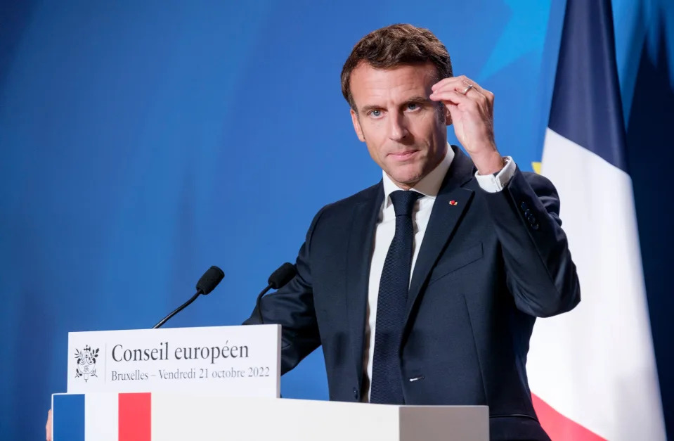 BRUSSELS, BELGIUM - OCTOBER 21: French President Emmanuel Macron talks to the media at the end of the second day of an EU Summit in the Europa building, the EU Council headquarter on October 21, 2022 in Brussels, Belgium. The European Council addressed Russia's escalating war of aggression against Ukraine, which is putting European and global peace and security at risk. The European Council is determined to counter disinformation aimed at negating our collective efforts to defend the sovereignty of Ukraine and rules-based international order. It reiterates that Russia bears the sole responsibility for the current energy and economic crises. (Photo by Thierry Monasse/Getty Images)